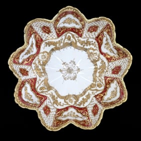 Bowl, Three Feet, Nippon Maple Leaf Mark, White With Red Trim, Heavy Gold Enamel Highlights