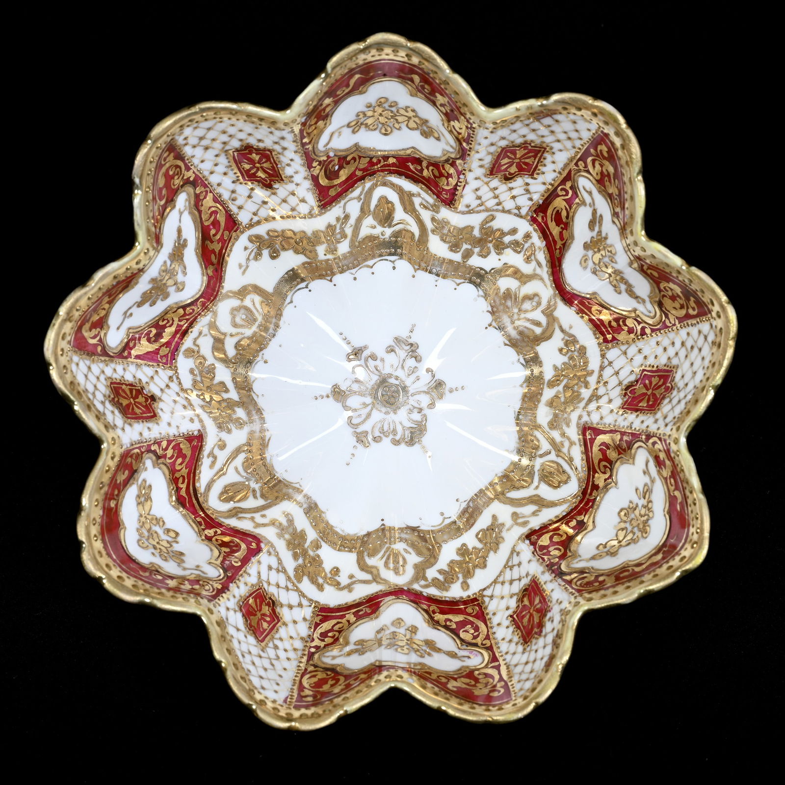 Bowl, Three Feet, Nippon Maple Leaf Mark, White With Red Trim, Heavy Gold Enamel Highlights: Bowl, Three Feet, Nippon Maple Leaf Mark, White With Red Trim, Heavy Gold Enamel Highlights, 3.5" x 6.75", Kansas Private Collection.