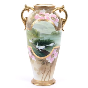 Vase, Two Handles, Nippon Wreath Mark, Lake Scenic Decor With White Geese, Brown Border
