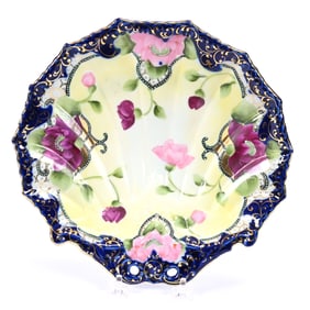 Tray, Shell Shape, Nippon Apple Blossom Mark, Yellow and White Tones, Pink Floral Decor