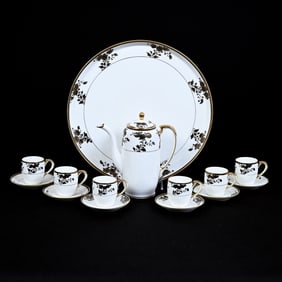 Demitasse Set, Nippon Wreath Mark, White With Black Floral and Gold Stencil Highlights