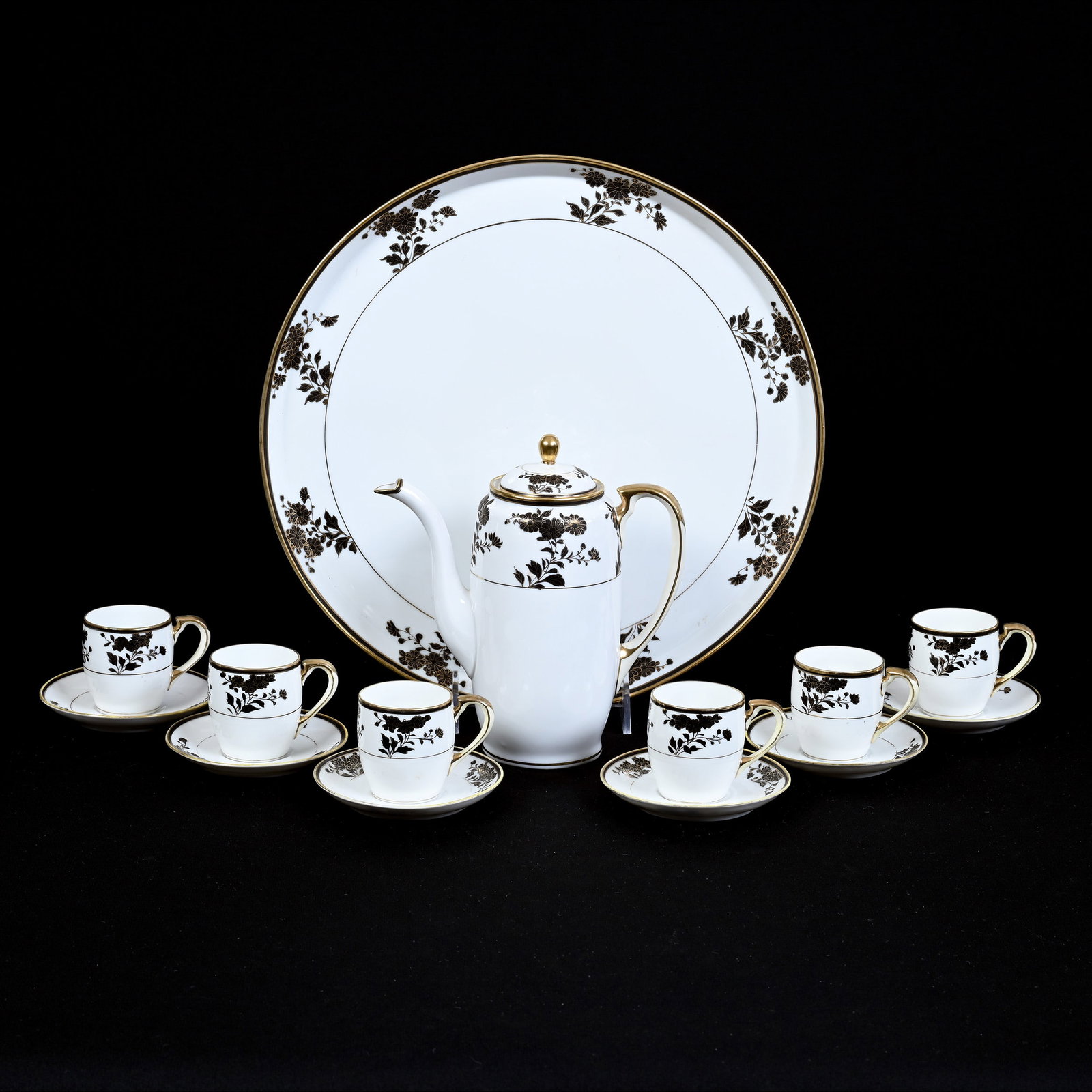 Demitasse Set, Nippon Wreath Mark, White With Black Floral and Gold Stencil Highlights (1 of 4)