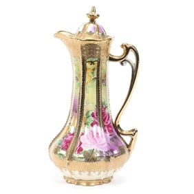 Chocolate Pot, Unmarked Nippon Style, Six Floral Panels Separated By Gold and Tapestry Frames