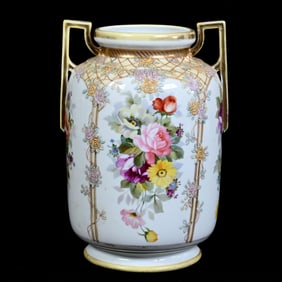 Vase, Two Handles, Nippon Wreath Mark, White With Colorful Floral Decor, Yellow Border