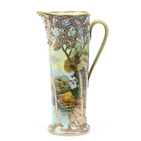 Pitcher, Nippon Maple Leaf Mark, Village and Lake Scenic Decor, Gold Textured Tree Highlights
