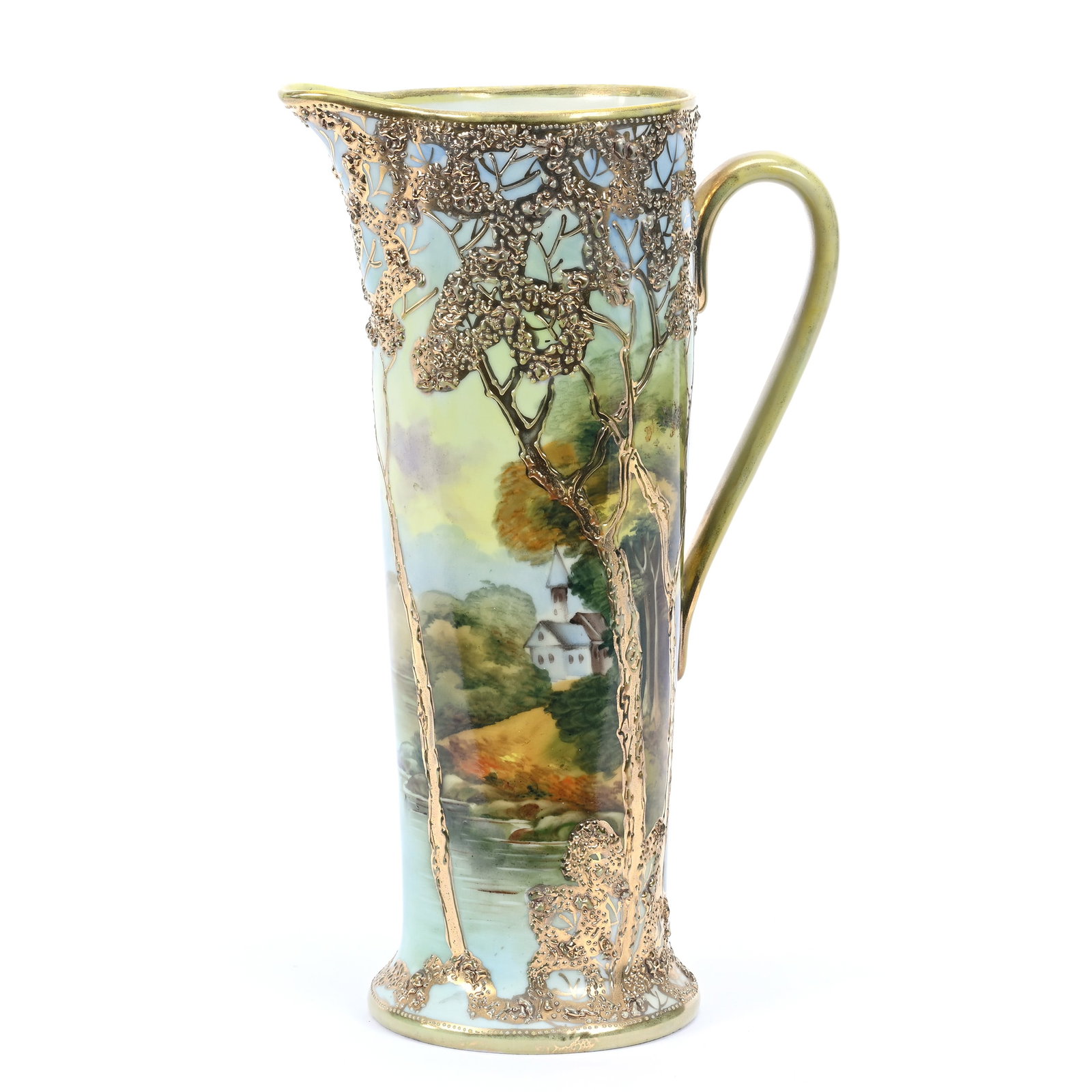 Pitcher, Nippon Maple Leaf Mark, Village and Lake Scenic Decor, Gold Textured Tree Highlights (1 of 3)