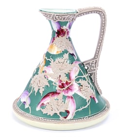 Ewer, Unmarked Nippon Style, Green Background With Floral Decor, Brown Moriaga Overlay