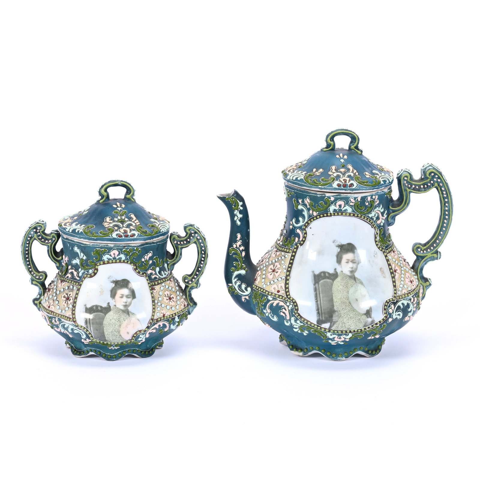 Tea Set, Two Piece, Unmarked Nippon Style, Dark Green With Portrait Of Princess and Mt. Fuji (1 of 5)