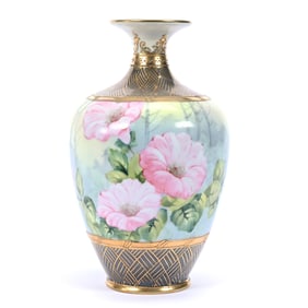Vase, Nippon Wreath Mark, Pink Morning Glory Decor, Gray Border, Gold Stencil Highlights
