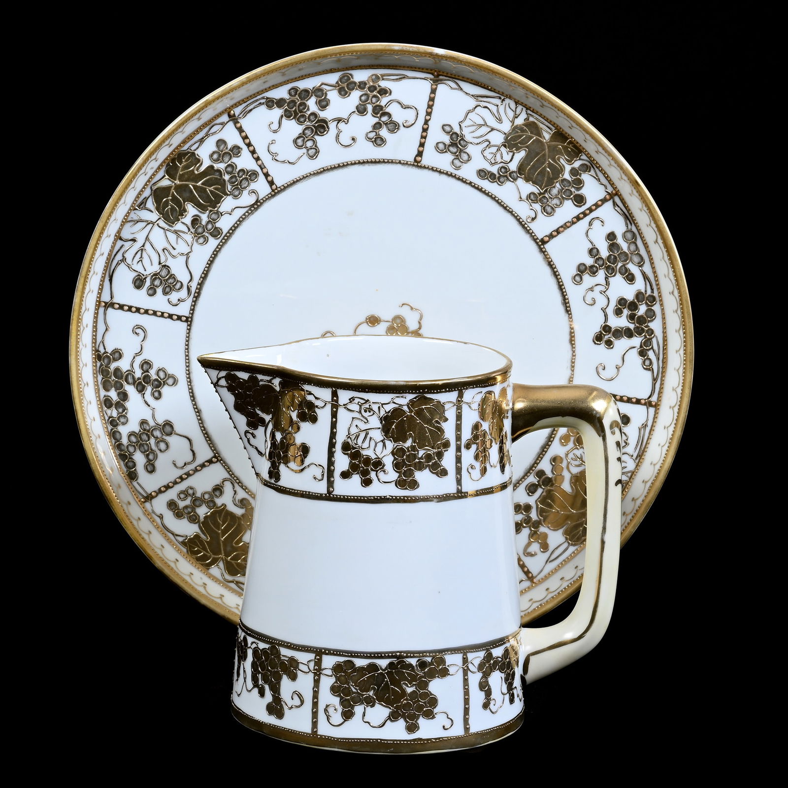 Pitcher and Tray Set, Nippon Wreath Mark, White With Gold Vintage Decor: Pitcher and Tray Set, Nippon Wreath Mark, White With Gold Vintage Decor, 5.5" x 9.5", Kansas Private Collection.