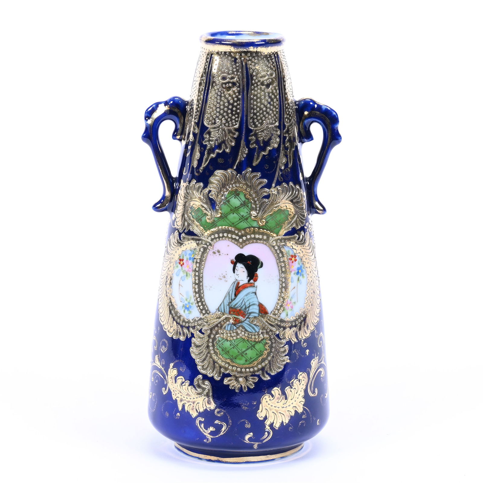 Vase, Two Handles, Faded Mark, Unable To Read, Cobalt Blue With Geisha Portrait (1 of 3)