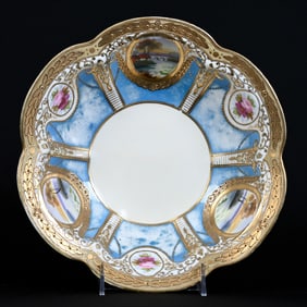 Bowl, Nippon Wreath Mark, White With Blue Medallion Lake Scenes, Heavy Gold Trim