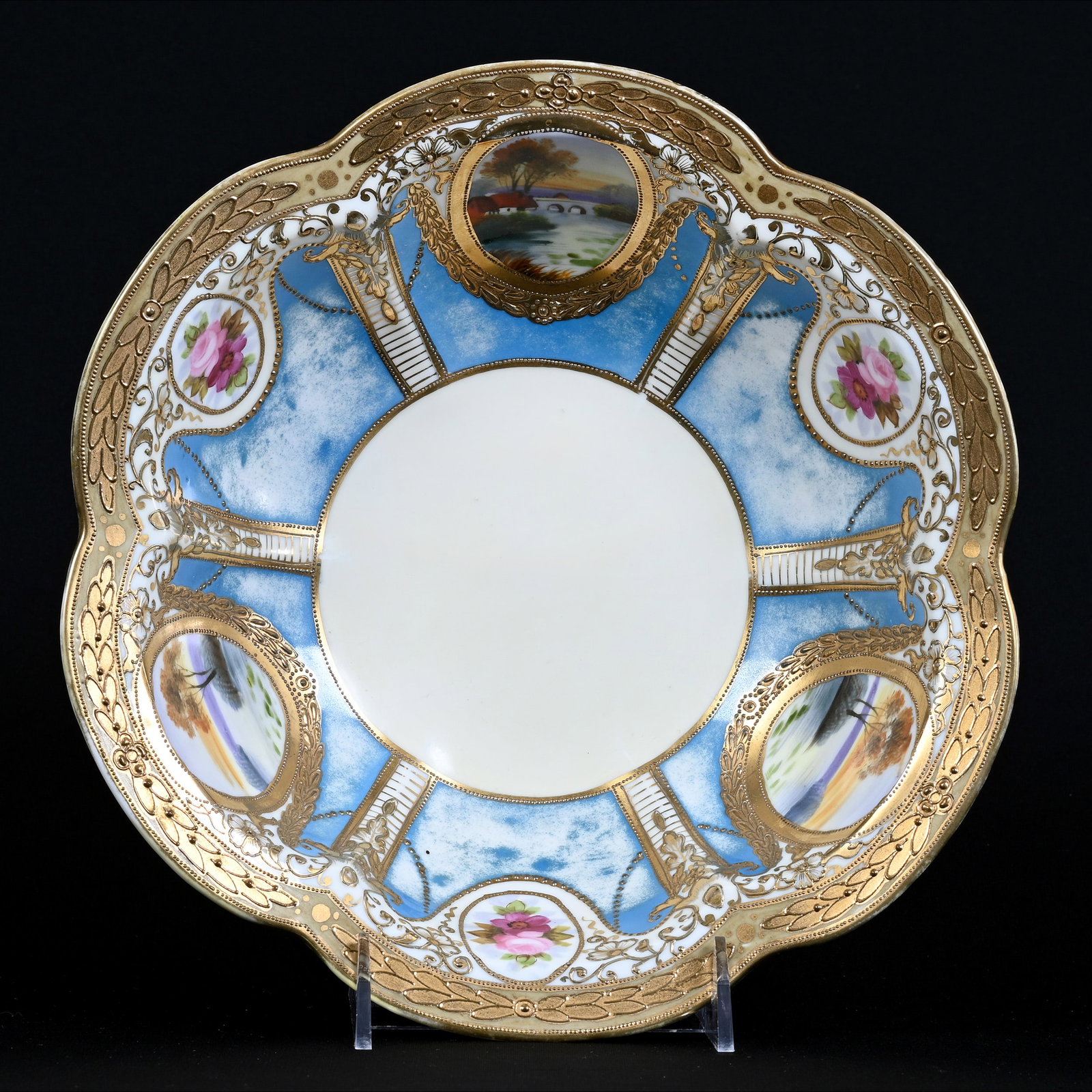 Bowl, Nippon Wreath Mark, White With Blue Medallion Lake Scenes, Heavy Gold Trim: Bowl, Nippon Wreath Mark, White With Blue Medallion Lake Scenes, Heavy Gold Trim, 10.25", Some Fading Of Blue, Kansas Private Collection.