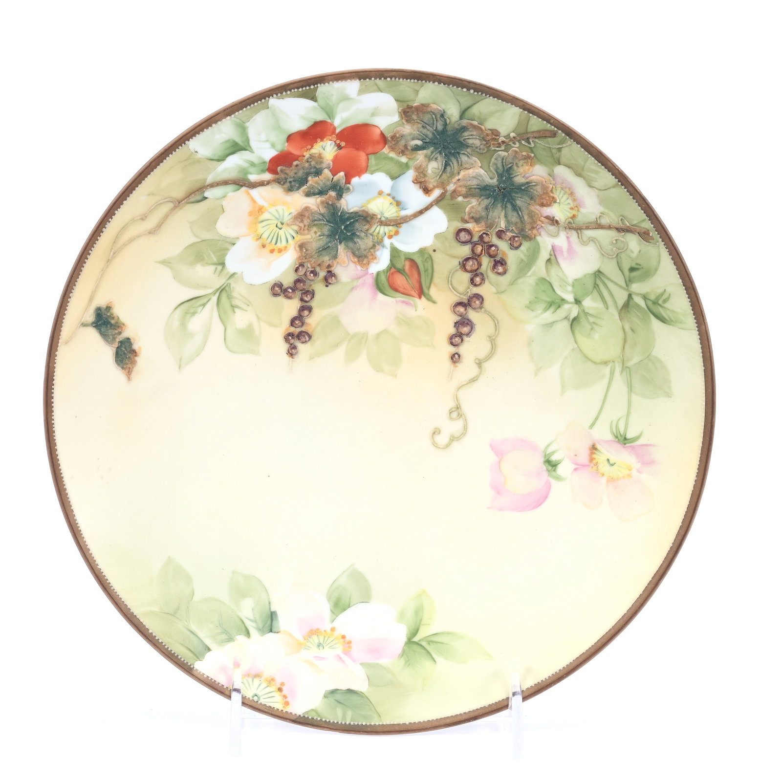 Plate, Nippon Wreath Mark, Cream Tones With Floral Blossom Decor: Plate, Nippon Wreath Mark, Cream Tones With Floral Blossom Decor, 8.75", Moriaga Vintage Overlay, Rim Nick, Kansas Private Collection.