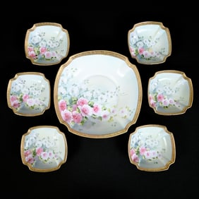 Berry Set, Nippon Wreath Mark, (1) 9" Square Bowl, Blue and Yellow Tones, Pink/White Blossom Decor