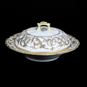 Covered Butter Dish, R.C. Nippon Mark, White With Gold Ribbon and Floral Design
