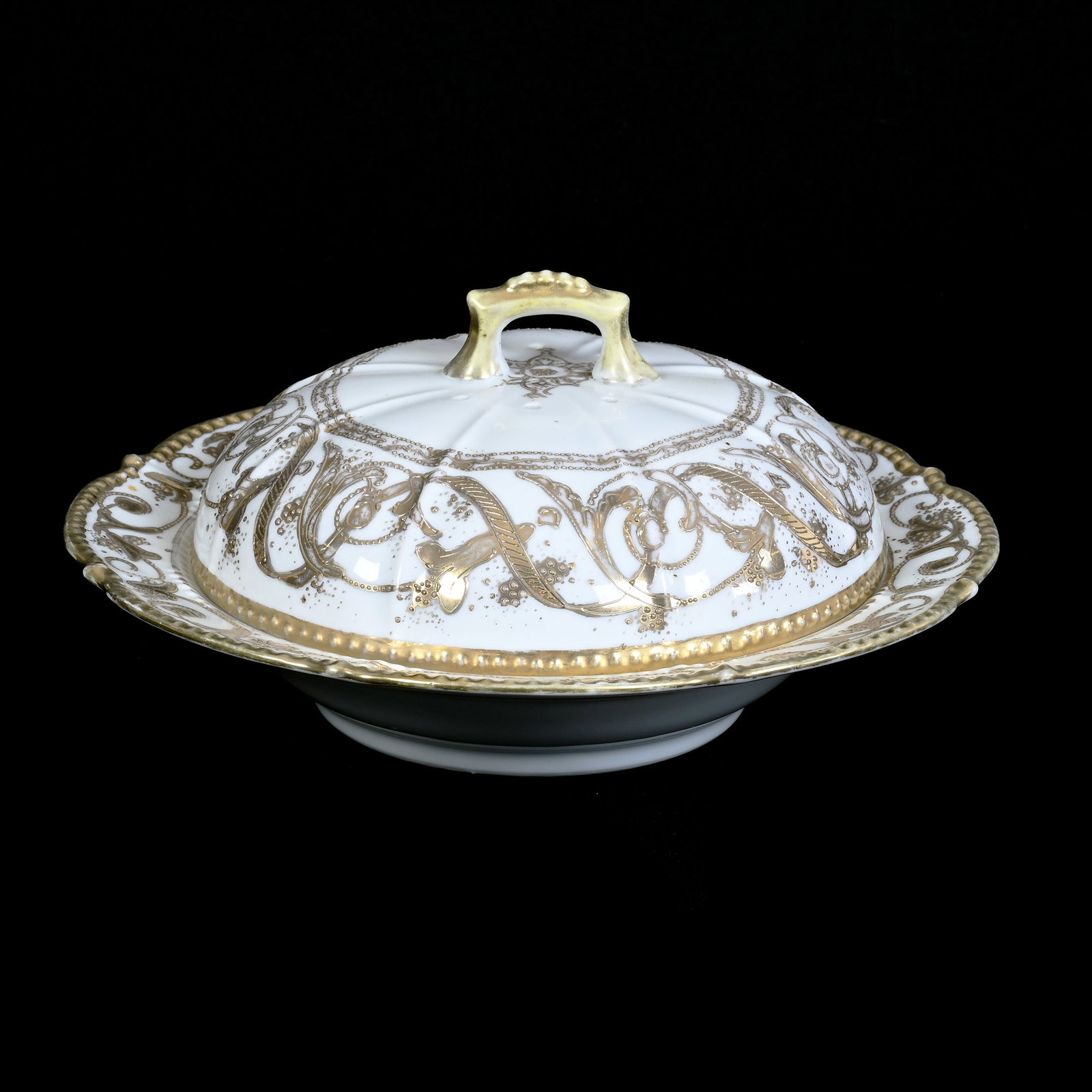 Covered Butter Dish, R.C. Nippon Mark, White With Gold Ribbon and Floral Design: Covered Butter Dish, R.C. Nippon Mark, White With Gold Ribbon and Floral Design, 4.25" x 9", Kansas Private Collection.