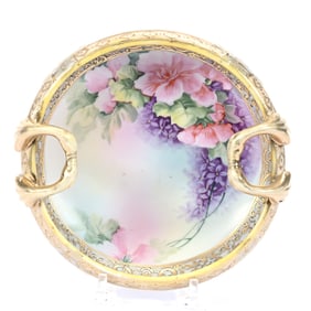 Bowl, Two Handles, Nippon Wreath Mark, Pastel With Pink Floral And Violet Decor