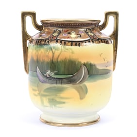 Vase, Two Handles, Nippon Maple Leaf Mark, Scene Of Indian In Canoe, Heavy Gold Trim