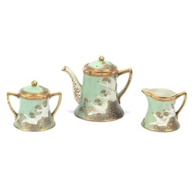 Tea Set, Three Piece, Pagoda Nippon Mark, Light Green With Snow Geese Scenic Decor