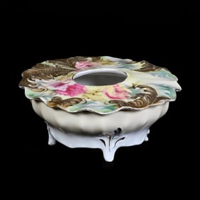 Hair Receiver Marked R.S. Prussia, Plume Mold, Cream and Green Luster Finish, Pink Poppy Decor