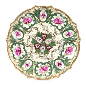 Plate, Nippon Maple Leaf Mark, Cream And Green, Pink Rose Decor, Gold Stencil Highlights