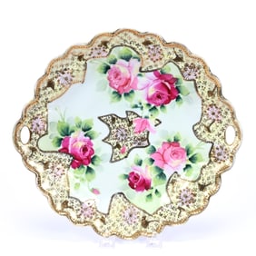 Cake Plate, Nippon Maple Leaf Mark, White And Green Tones, Pink Rose Decor