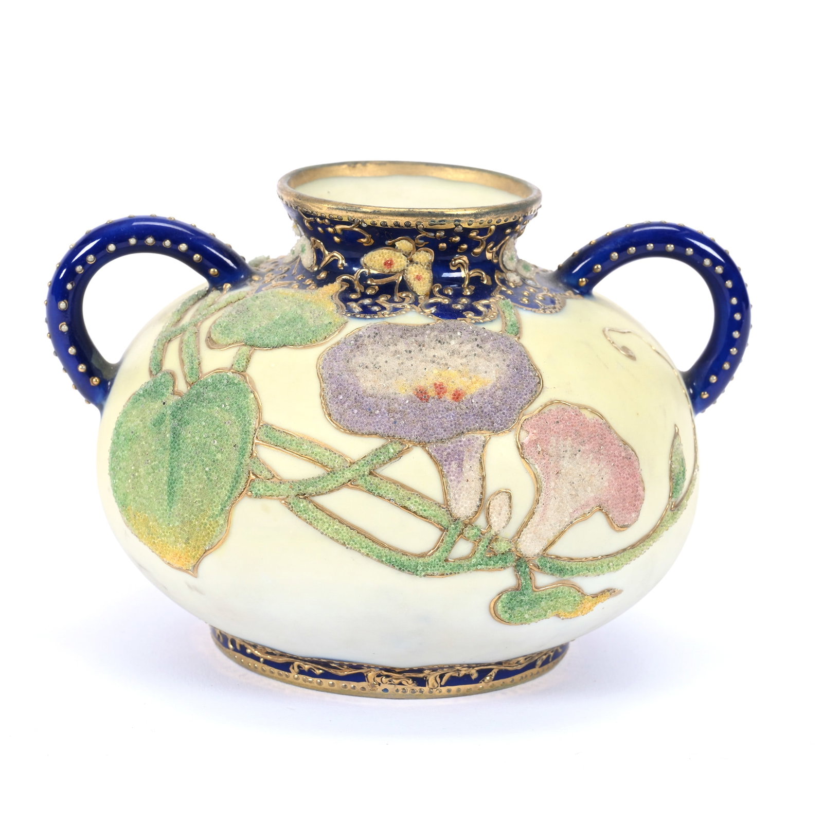 Vase, Two Handles, Marked U.S. Patent Japan, Yellow With Cobalt Blue Border (1 of 3)