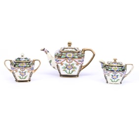Tea Set Marked Noritake, Three Piece, White With Black Border, Blue Floral and Pink Highlights