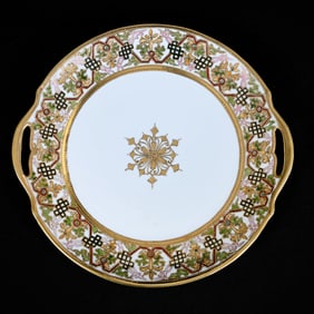 Cake Plate Marked R.C. Nippon, White Center, Elaborate Colored and Enamel Gilded Border