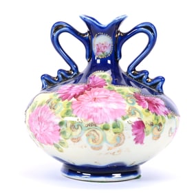 Vase, Two Handles, Marked Royal Kinran Nippon, Yellow Ground, Cobalt Blue Border