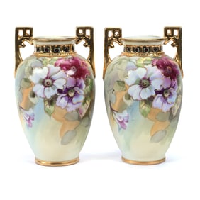 Pair Vases, Two Handles, Nippon Wreath Mark, Yellow, Blue and Green Tones, Floral Decor