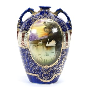 Vase, Two Handles, Nippon Maple Leaf Mark, Medallion With Swan On Lake Scenic Decor