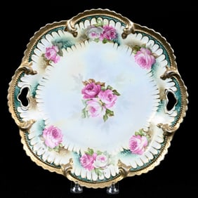 Cake Plate Marked R.S. Prussia, Green and White Satin Finish, Pink Rose Decor, Gold Border