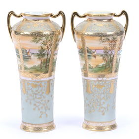 Pair Vases, Two Handles, Nippon Wreath Mark, Gray/Blue Border, Scenic Sailboat Panels