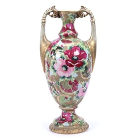 Pedestal Urn, Large Pink Poppy Decor With Gold Tapestry Highlights