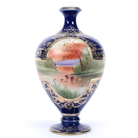 Pedestal Vase, Nippon Wreath Mark, Sunset And Lake Scenic Medallion Decor