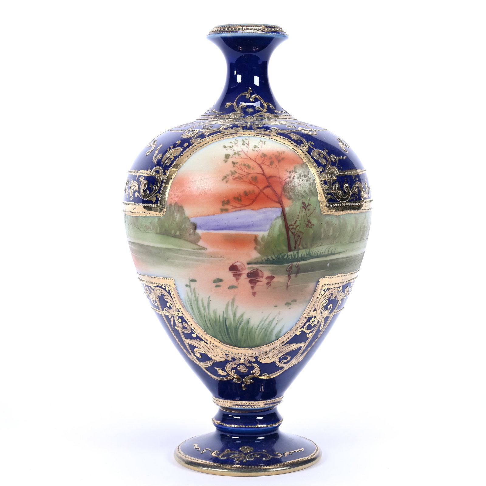 Pedestal Vase, Nippon Wreath Mark, Sunset And Lake Scenic Medallion Decor (1 of 3)