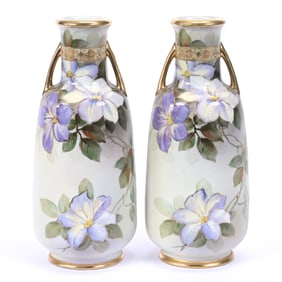 Pair Vases, Two Handles, Unmarked Nippon Style, White and Green With Violet Decor