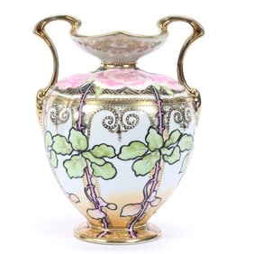 Pedestal Vase, Two Handles, Nippon Maple Leaf Mark, White With Pink Rose and Green Leaf Decor