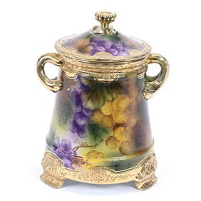 Footed Humidor, Two Handles, Nippon Maple Leaf Mark, Green, Brown and Yellow Tones