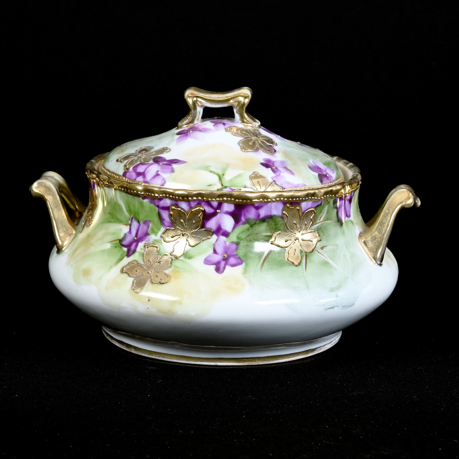 Cracker Jar, Two Handles, Nippon Maple Leaf Mark, White and Green Tones, Violet Decor (1 of 3)