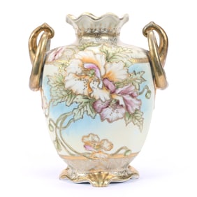 Vase, Two Handles, Nippon Maple Leaf Mark, Yellow and Blue Tones, Floral Decor