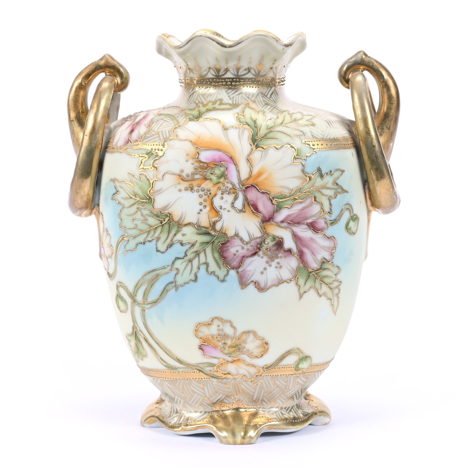 Vase, Two Handles, Nippon Maple Leaf Mark, Yellow and Blue Tones, Floral Decor (1 of 3)