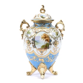 Footed Covered Urn, White With Blue Border, Scenic Lake Medallion Decor, Nice Gold Highlights