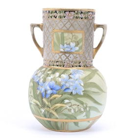 Vase, Two Handles, Nippon Wreath Mark, Green and Gray Tones, Blue Floral Decor