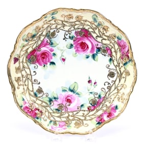Plate, Nippon Maple Leaf Mark, White and Yellow Tones, Pink Rose Decor, Gold Trim Highlights