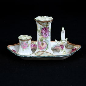 Vanity Set, Nippon Maple Leaf Mark, White and Green Tones, Pink Rose Decor and Moriaga Highlights