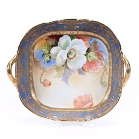 Bowl, Two Handles, Nippon Wreath Mark, Brown Tones, Poppy Decor, Blue Border