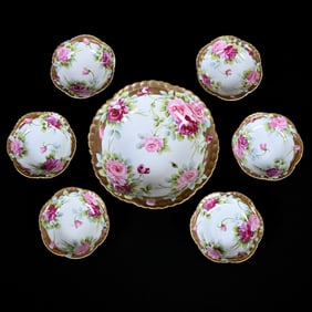 Berry Set, Nippon Wreath Mark, White, Pink Rose Decor, Gold Design Border